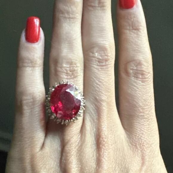 SYNTHETIC RUBY AND CZ STERLING RING SZ 6 1/2 - Picture 4 of 4